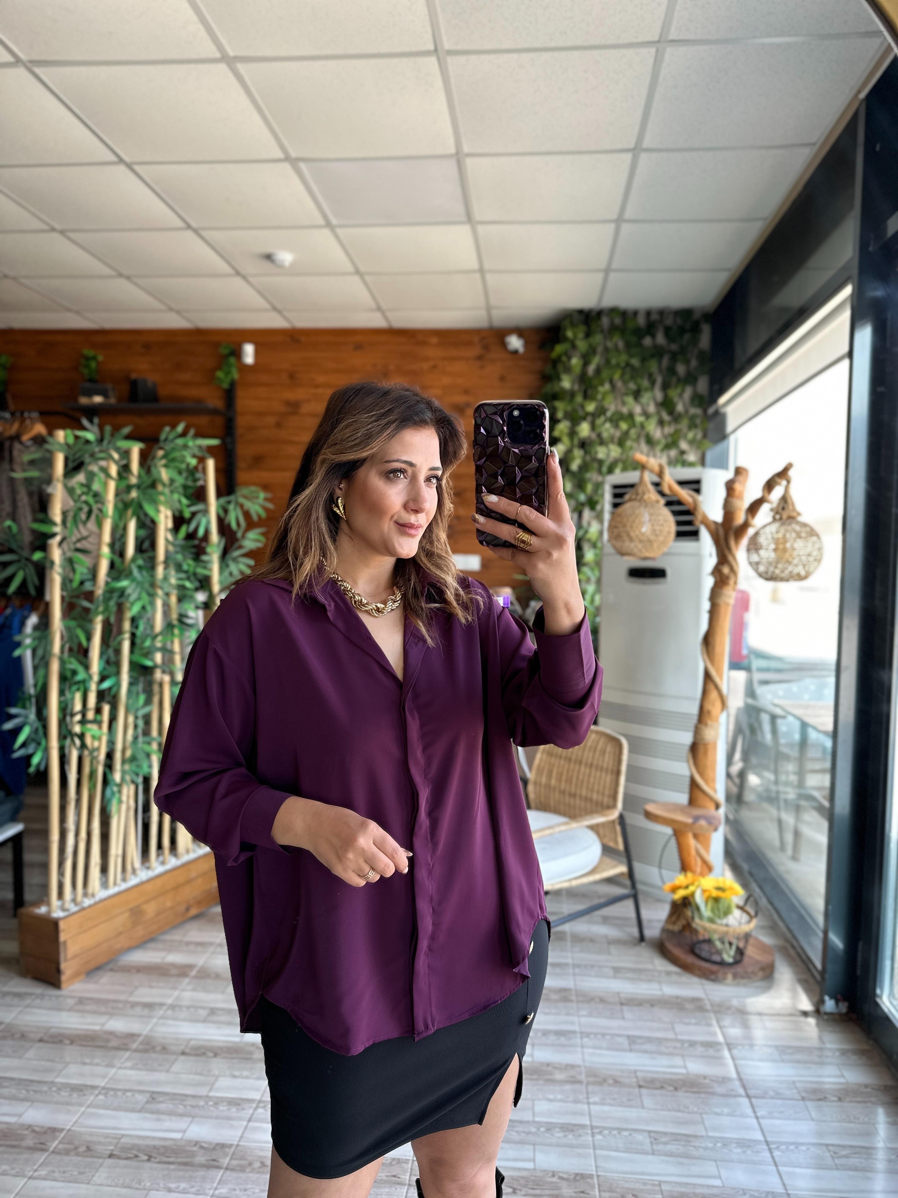 Mor Over Size İpek Krep Gömlek