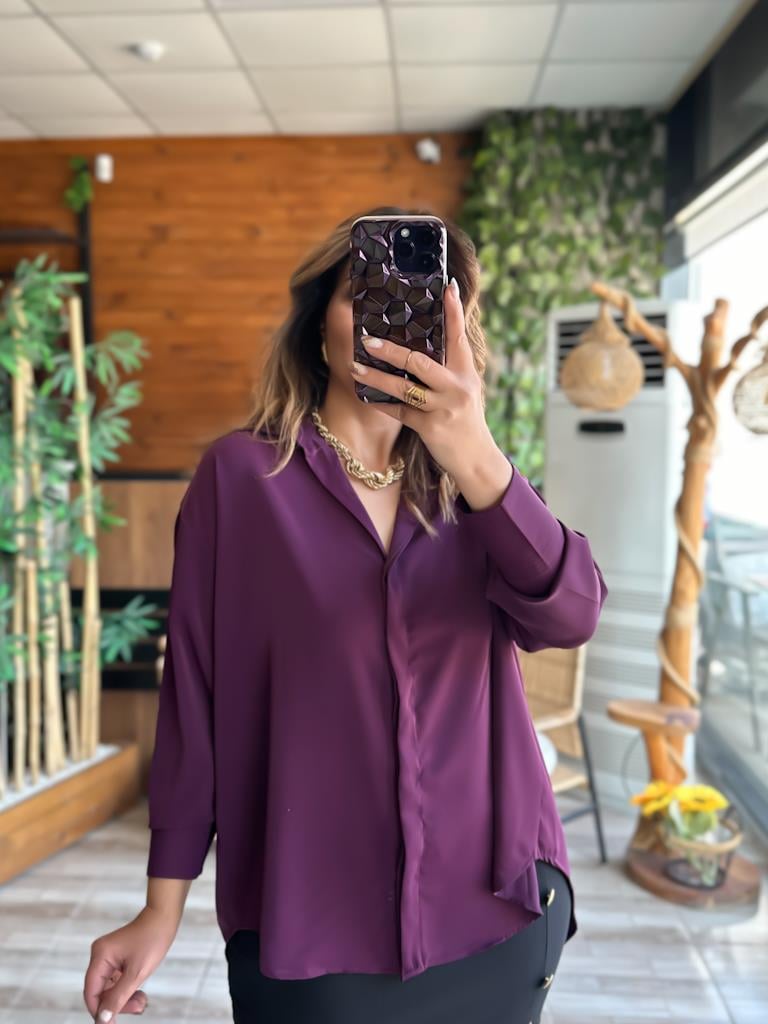 Mor Over Size İpek Krep Gömlek