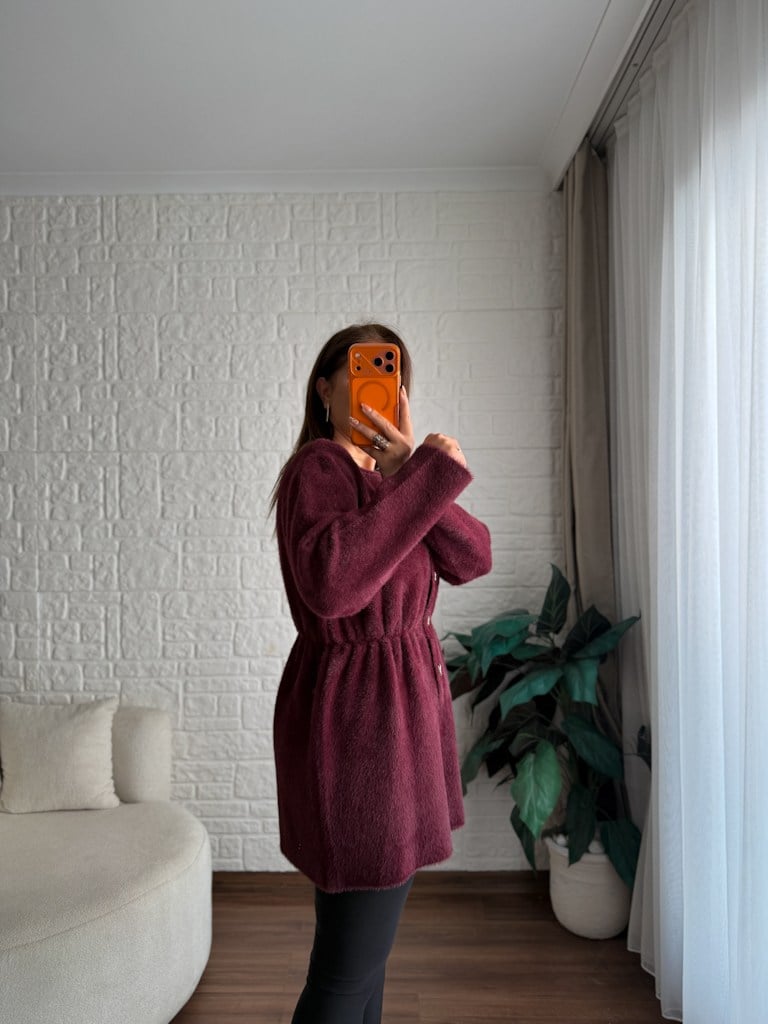 Mürdüm Beli Lastikli Gold Düğmeli Yumoş Tunik Hırka