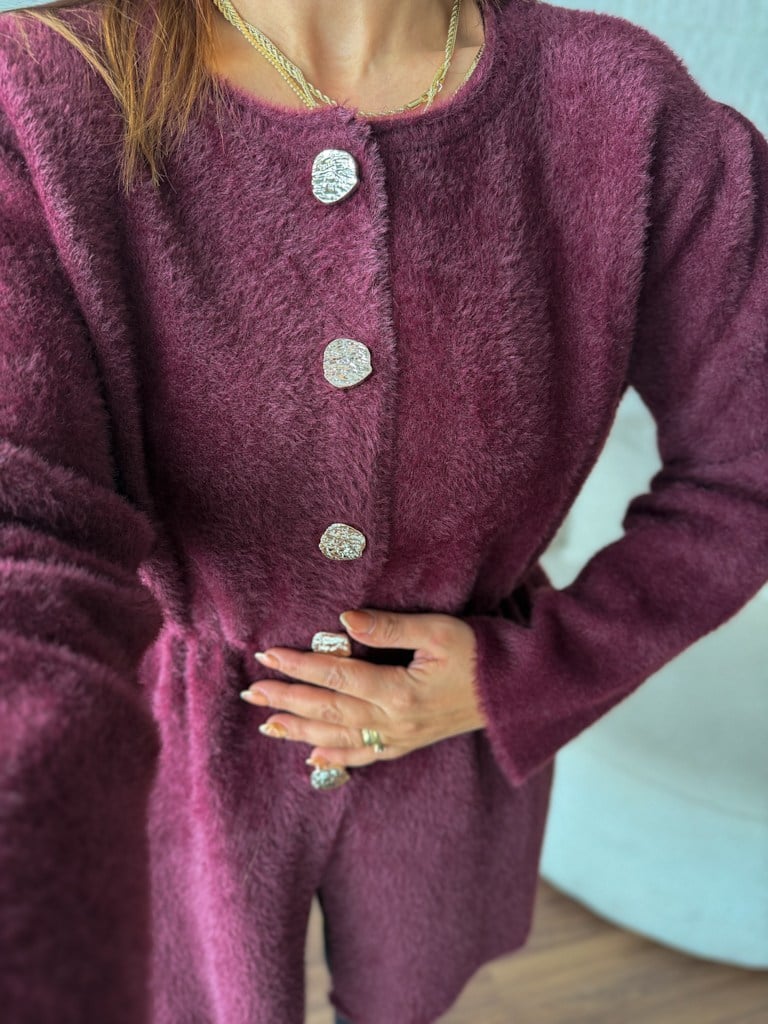Mürdüm Beli Lastikli Gold Düğmeli Yumoş Tunik Hırka