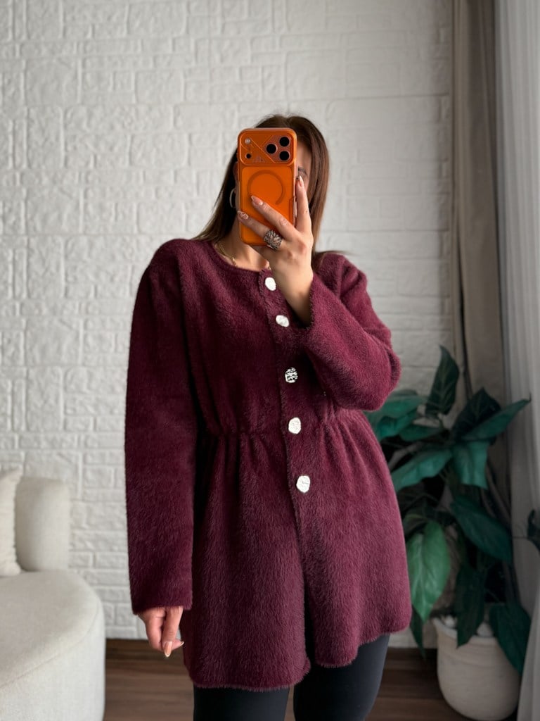 Mürdüm Beli Lastikli Gold Düğmeli Yumoş Tunik Hırka