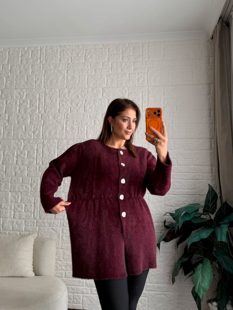Mürdüm Beli Lastikli Gold Düğmeli Yumoş Tunik Hırka