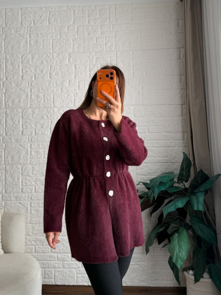 Mürdüm Beli Lastikli Gold Düğmeli Yumoş Tunik Hırka