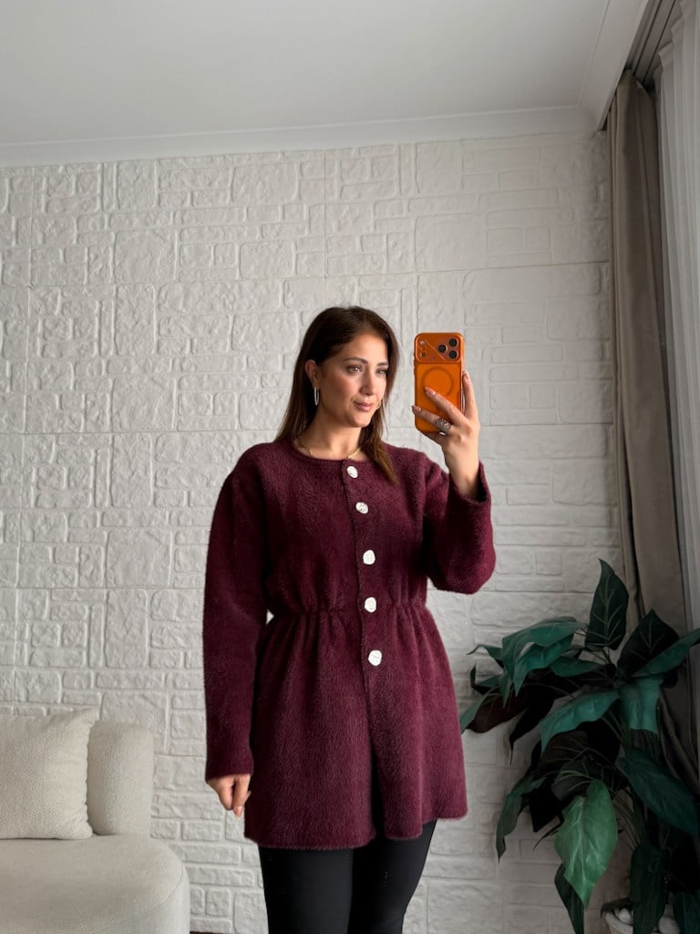 Mürdüm Beli Lastikli Gold Düğmeli Yumoş Tunik Hırka