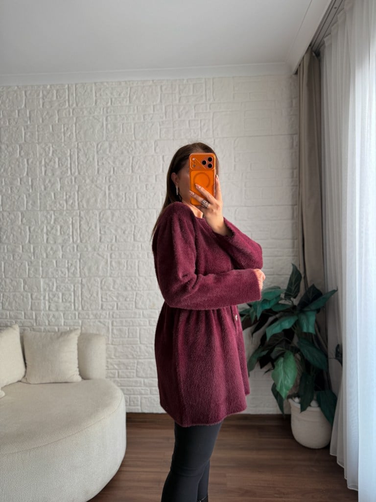 Mürdüm Beli Lastikli Gold Düğmeli Yumoş Tunik Hırka