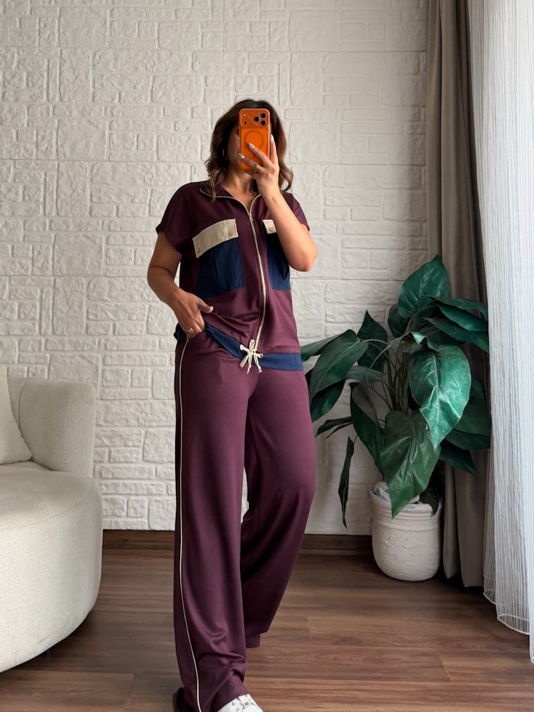Mürdüm Fermuarlı Paraşüt Renkli Cepli Modal Takım
