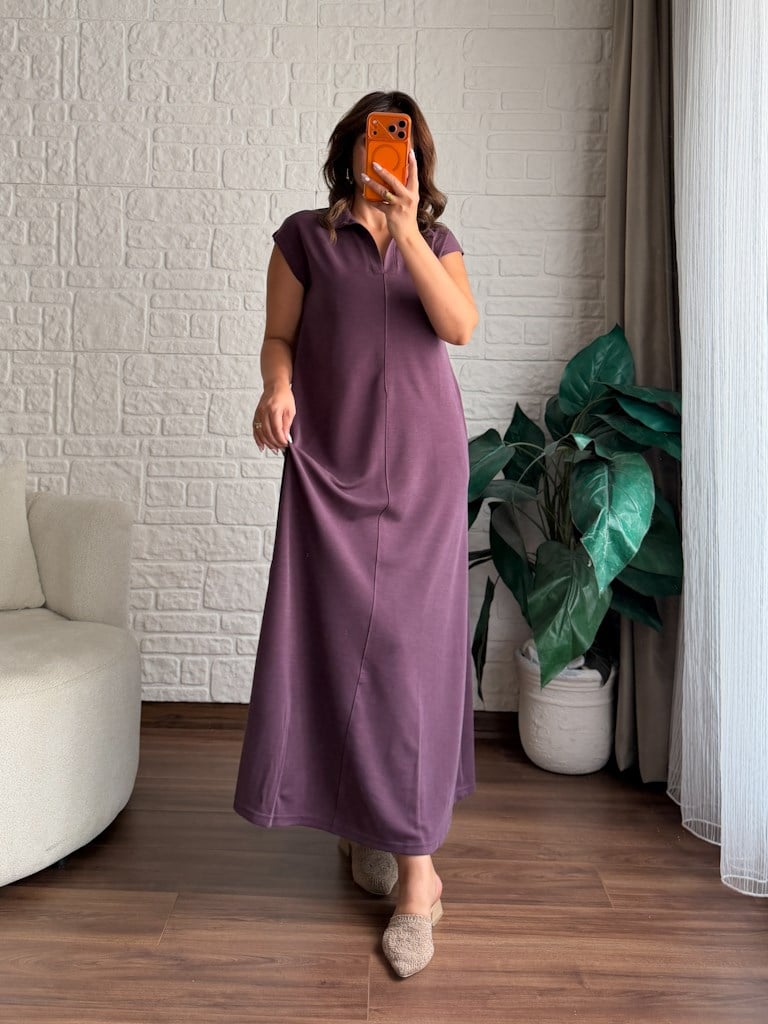 Mürdüm  Polo Yaka Pike Modal Elbise