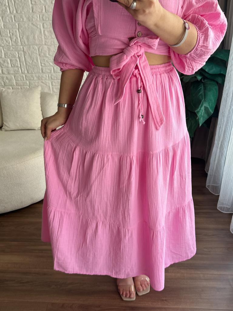 Müslin Kumaş Balon Kol Etek Büstiyer Takım Pembe