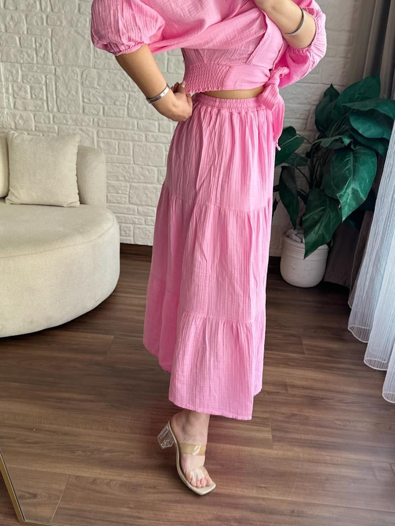 Müslin Kumaş Balon Kol Etek Büstiyer Takım Pembe