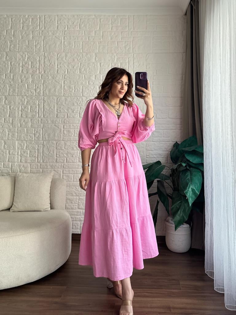Müslin Kumaş Balon Kol Etek Büstiyer Takım Pembe