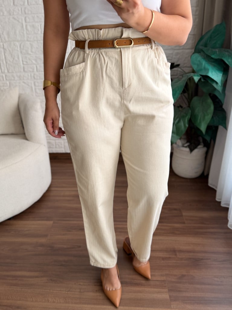 Natural Gabardin Keten Beli Lastikli Pantolon
