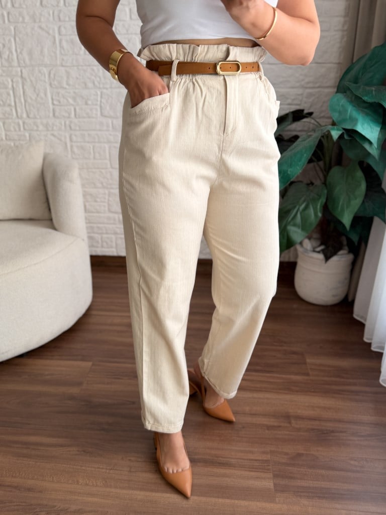 Natural Gabardin Keten Beli Lastikli Pantolon