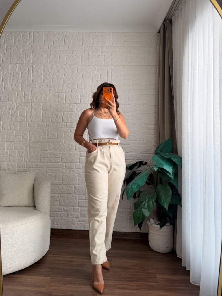 Natural Gabardin Keten Beli Lastikli Pantolon