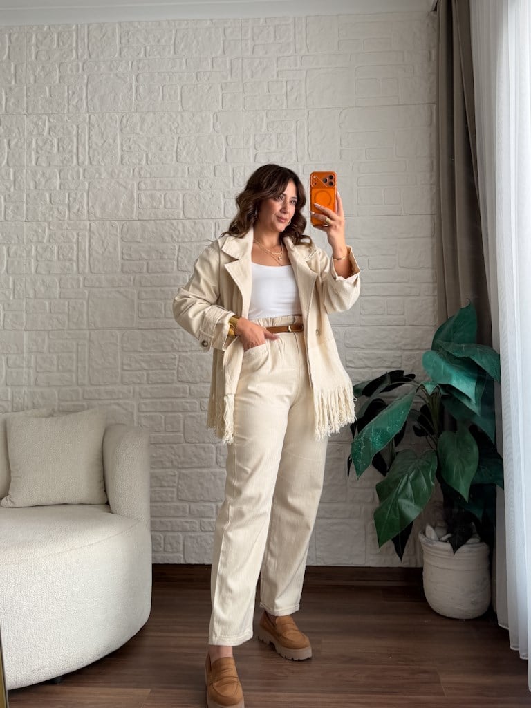 Natural Gabardin Keten Beli Lastikli Pantolon