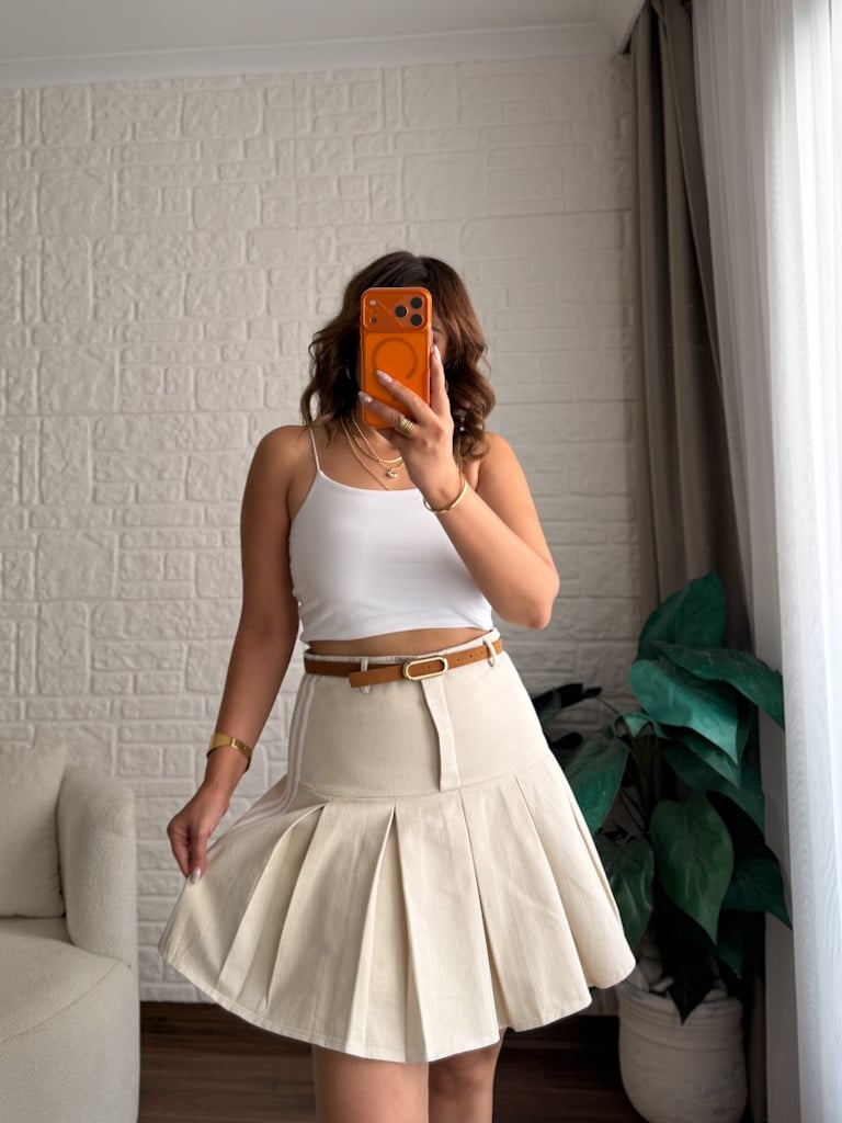 Natural Gabardin Keten Pileli Etek