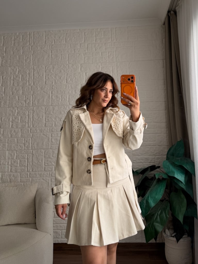 Natural Gabardin Keten Pileli Etek