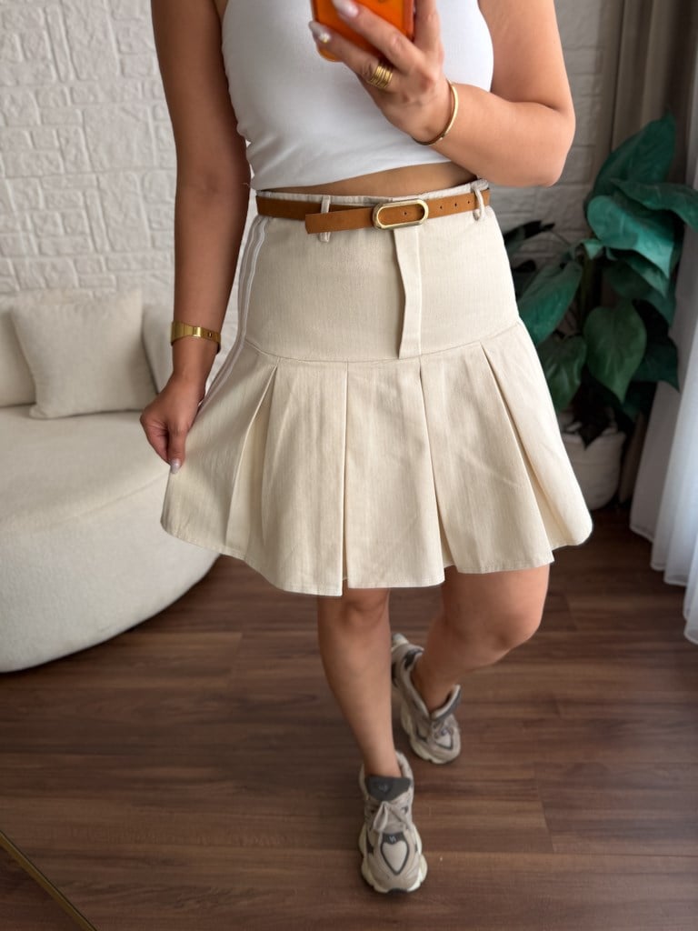 Natural Gabardin Keten Pileli Etek