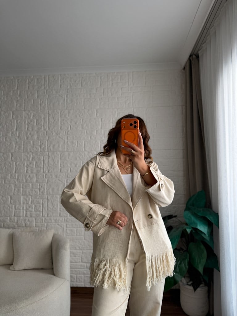 Natural Gabardin Keten Saçaklı Salaş Ceket