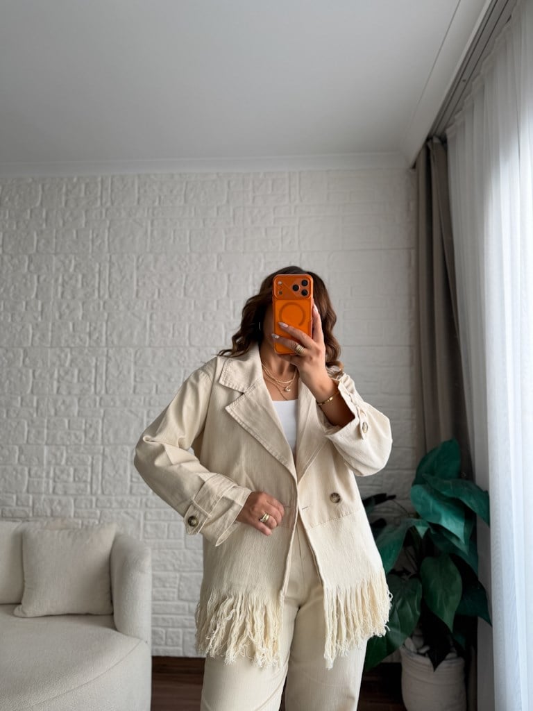 Natural Gabardin Keten Saçaklı Salaş Ceket