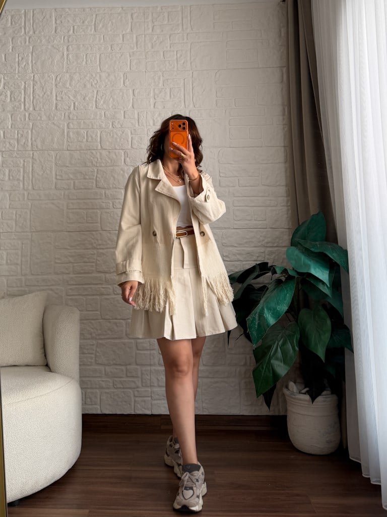 Natural Gabardin Keten Saçaklı Salaş Ceket