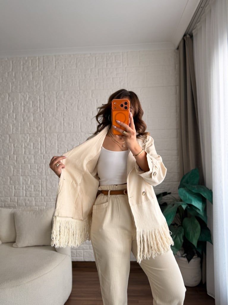 Natural Gabardin Keten Saçaklı Salaş Ceket