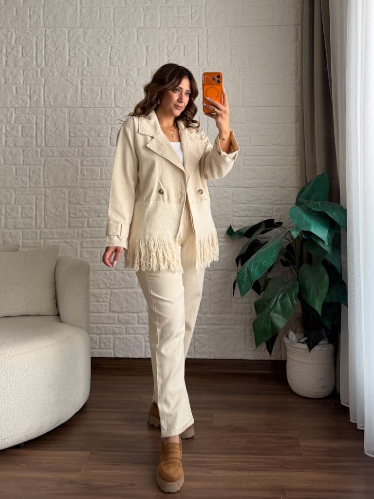 Natural Gabardin Keten Saçaklı Salaş Ceket