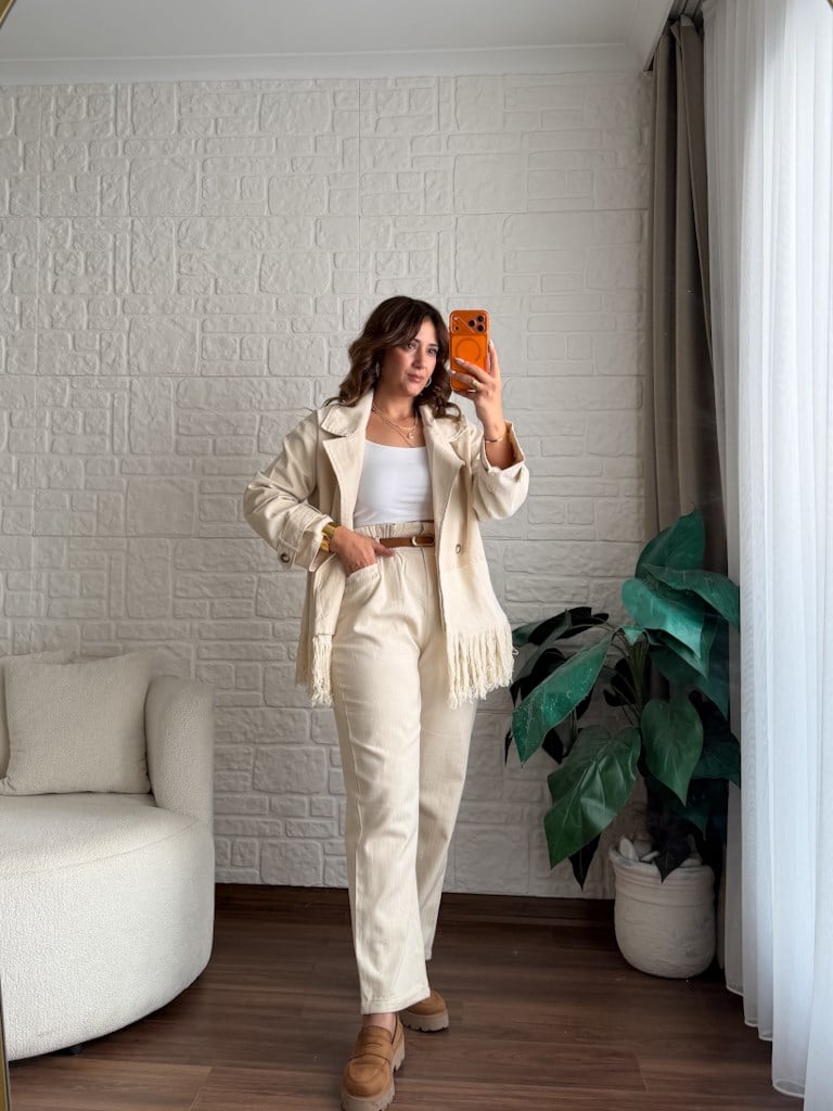 Natural Gabardin Keten Saçaklı Salaş Ceket