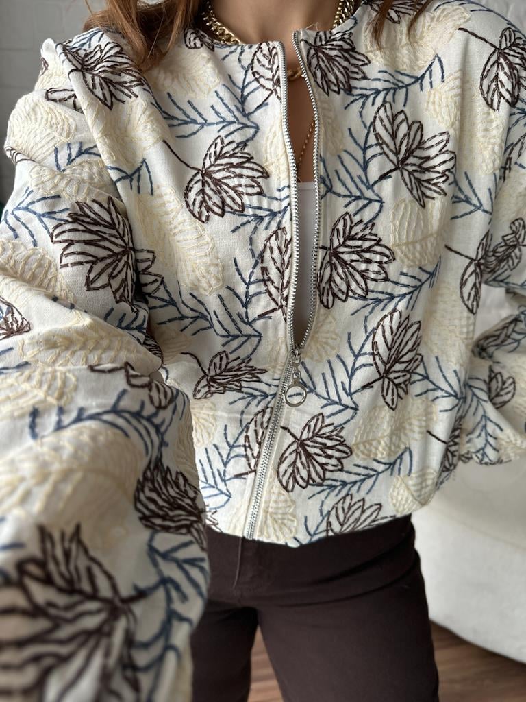 Natural Keten Nakışlı Bomber Ceket