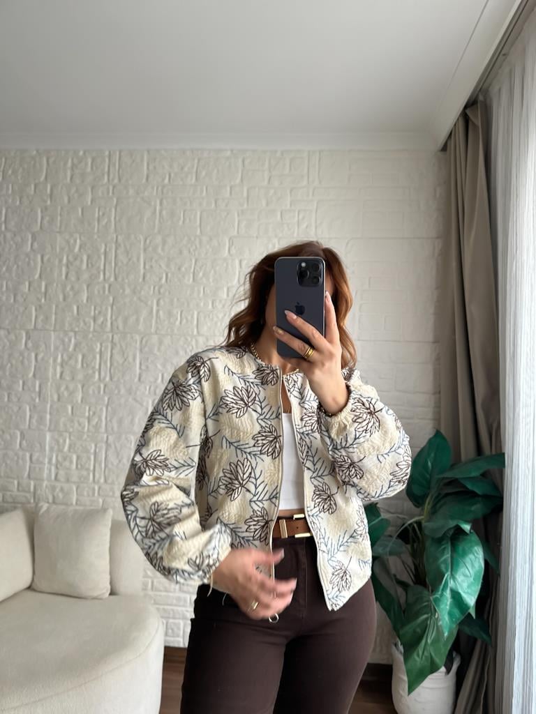 Natural Keten Nakışlı Bomber Ceket