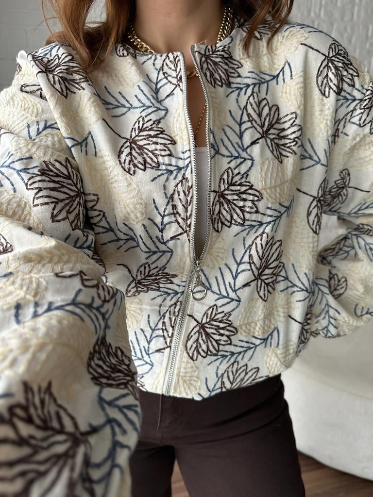 Natural Keten Nakışlı Bomber Ceket