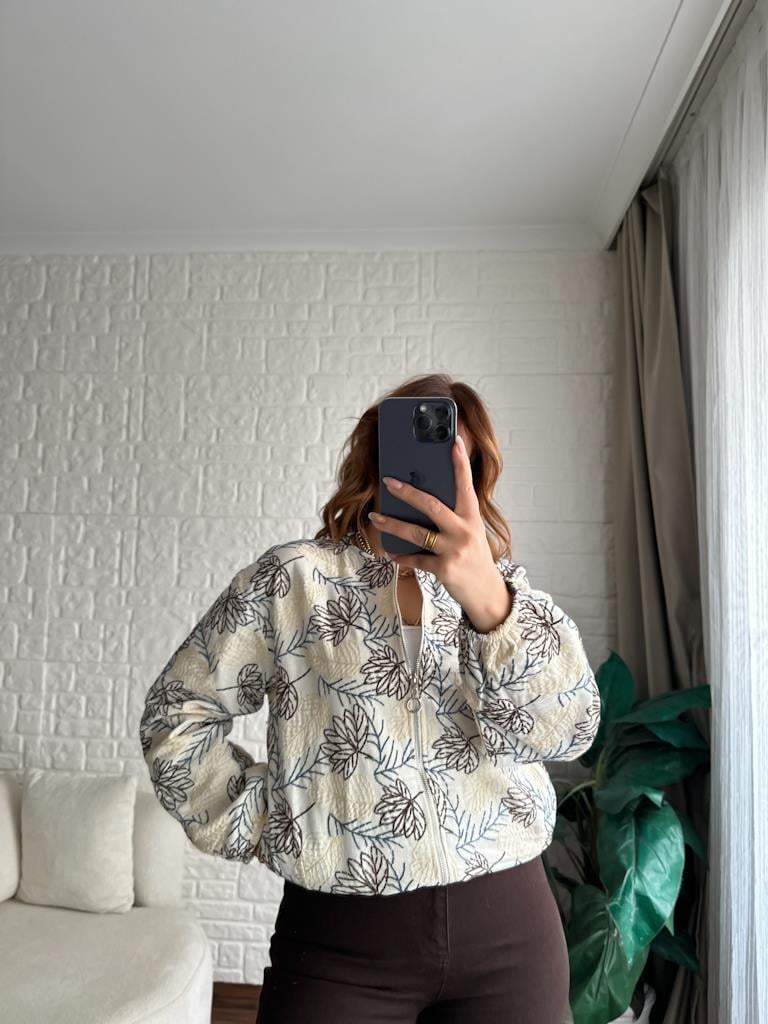 Natural Keten Nakışlı Bomber Ceket