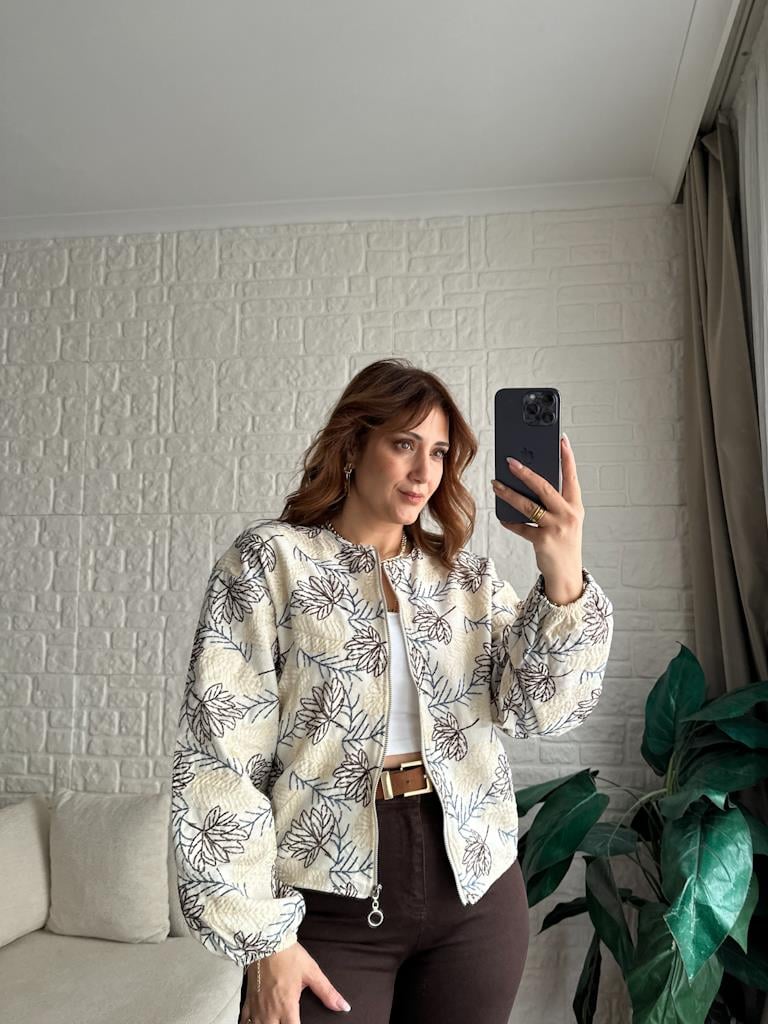 Natural Keten Nakışlı Bomber Ceket