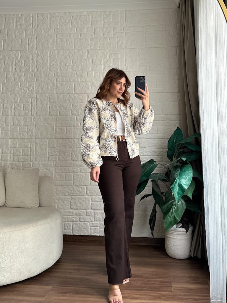 Natural Keten Nakışlı Bomber Ceket