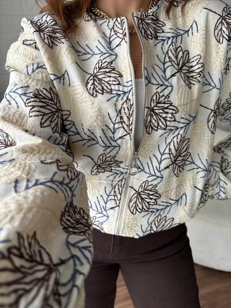 Natural Keten Nakışlı Bomber Ceket