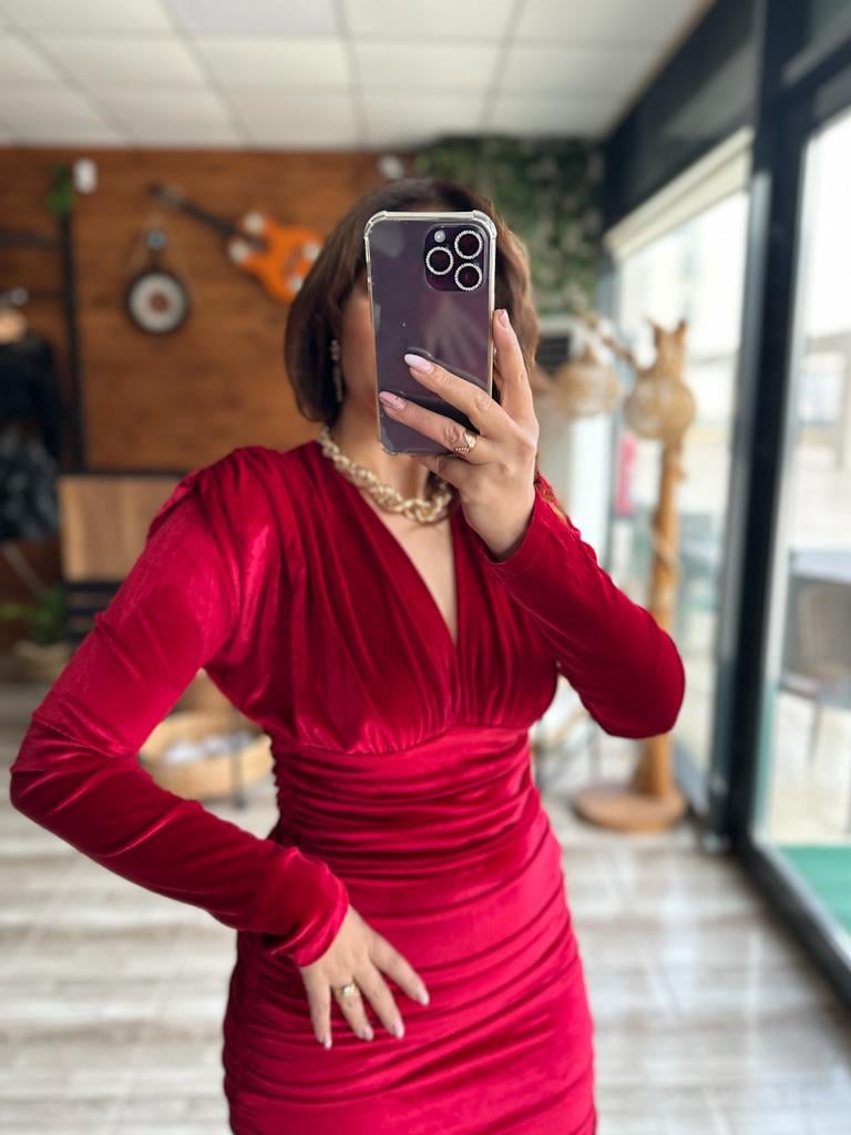 Omuz Vatkalı Drapeli Kadife Elbise Elbise Kırmızı