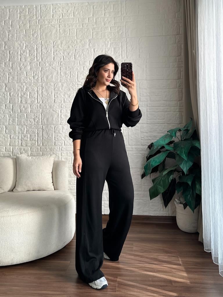 Önü Fermuarlı Kapşonlu Tasarım Modal Takım Siyah