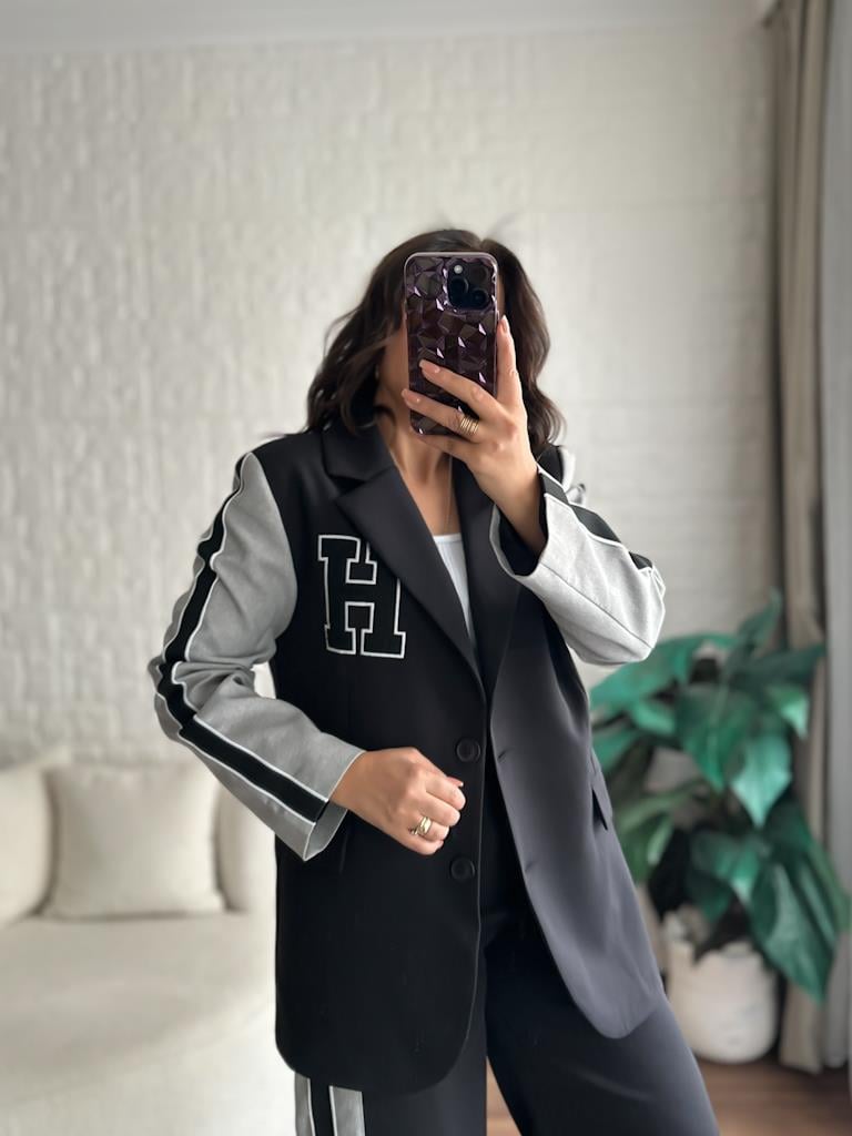 Önü Nakışlı Atlas Spor Blazer Ceket Siyah