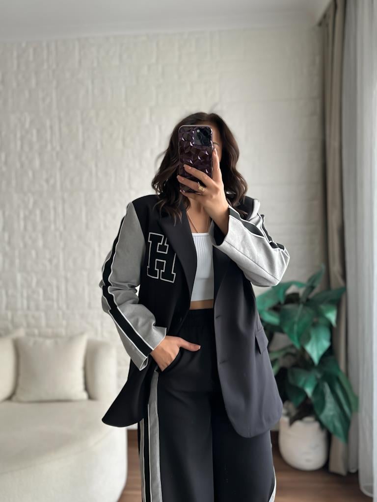 Önü Nakışlı Atlas Spor Blazer Ceket Siyah