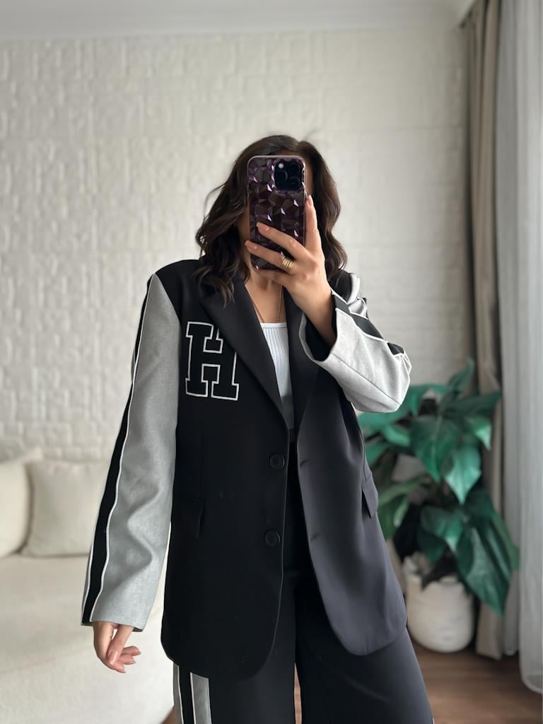 Önü Nakışlı Atlas Spor Blazer Ceket Siyah