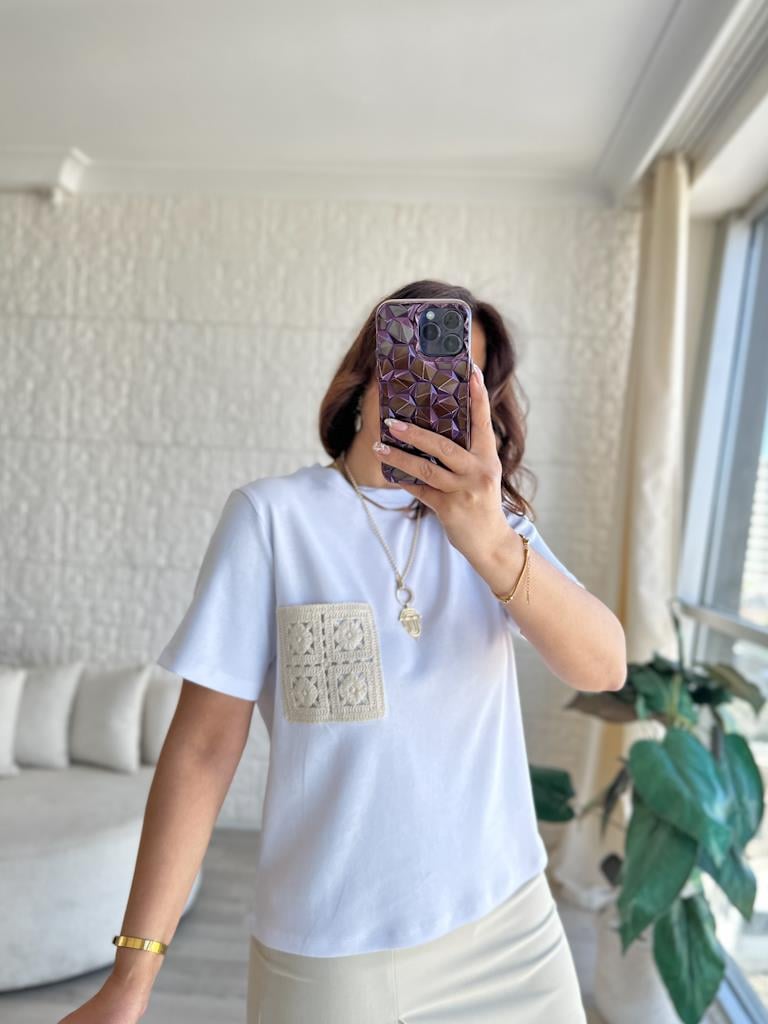 Orijinal Marka Dantel Cep Detaylı Basic Bluz Beyaz