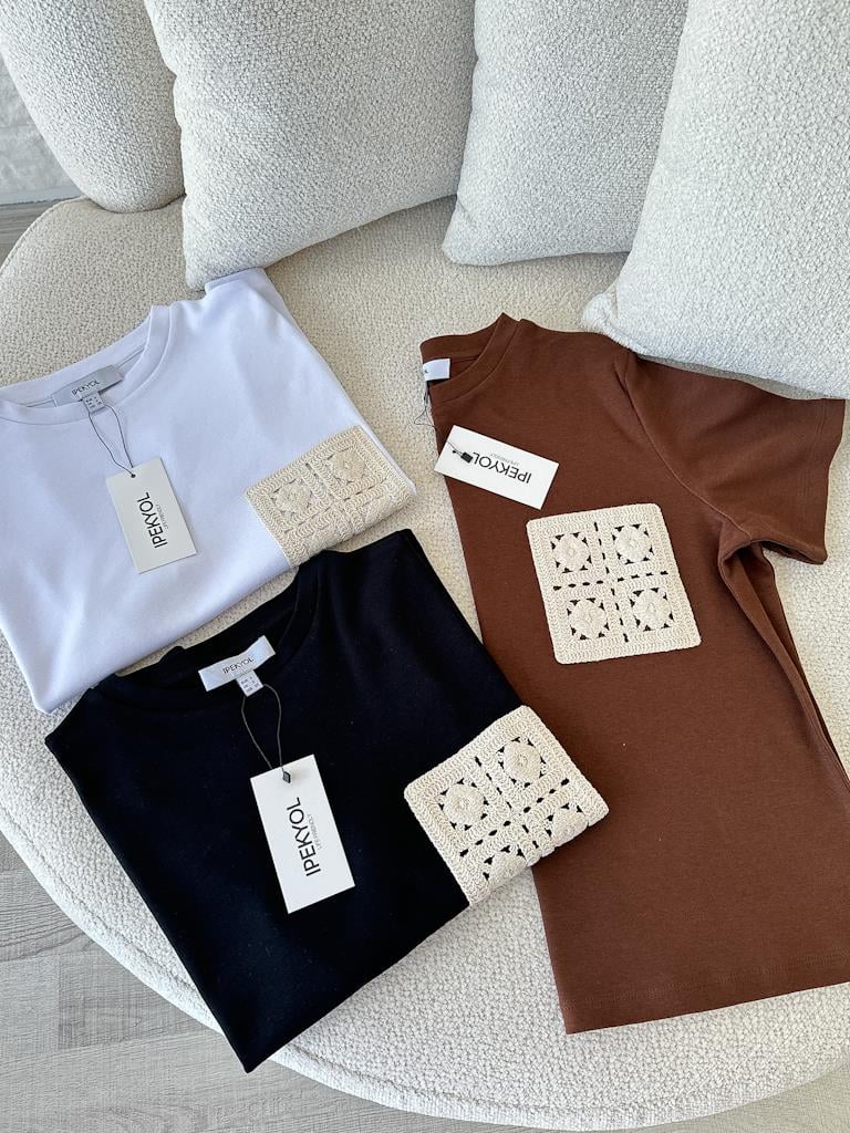 Orijinal Marka Dantel Cep Detaylı Basic Bluz Beyaz