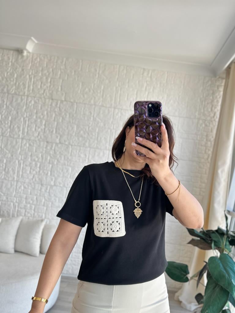 Orijinal Marka Dantel Cep Detaylı Basic Bluz Siyah