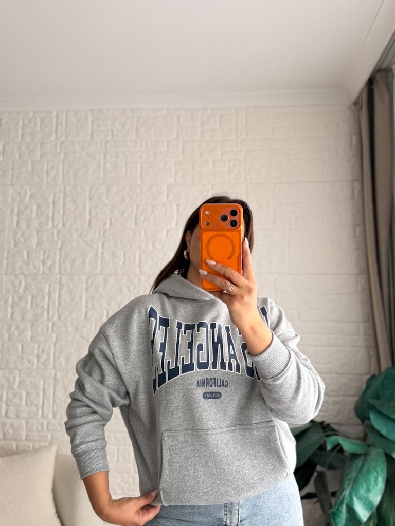 Orijinal Marka Gri Melenaj Simli Kapüşonlu Sweatshirt