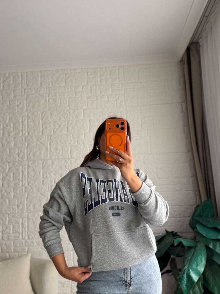 Orijinal Marka Gri Melenaj Simli Kapüşonlu Sweatshirt