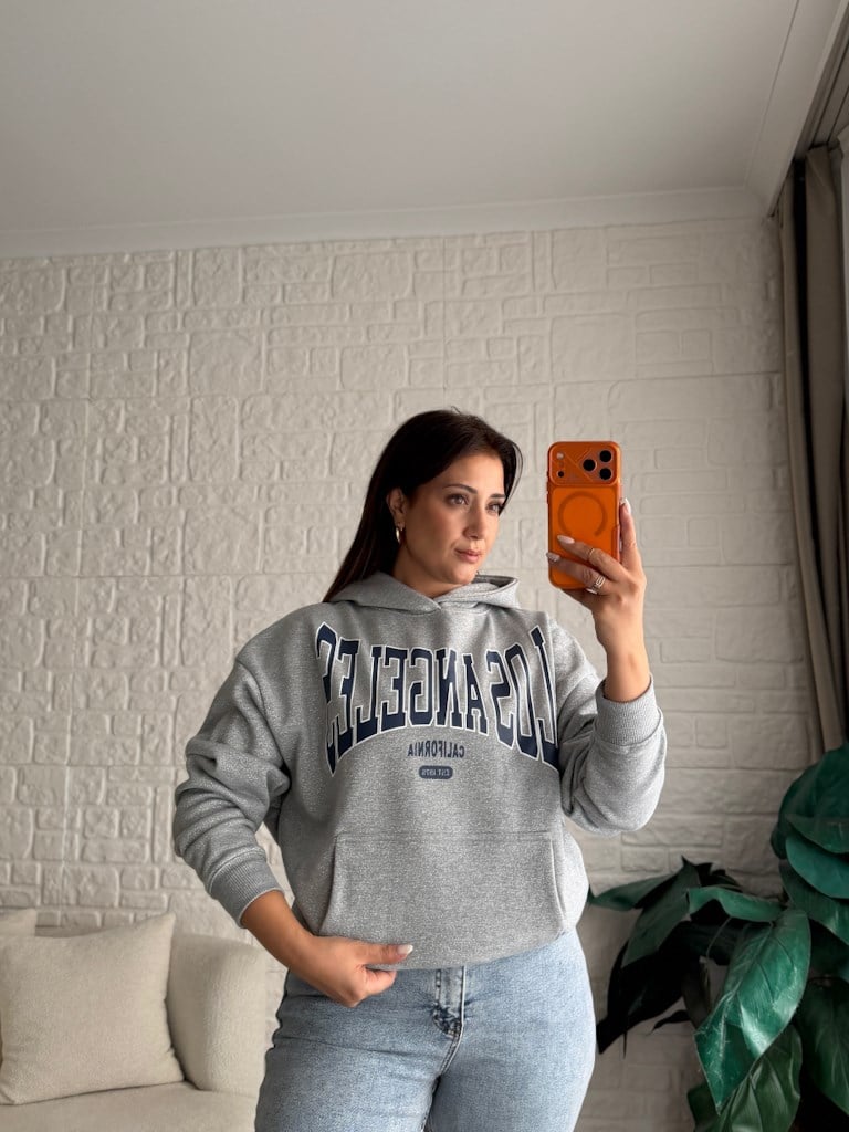 Orijinal Marka Gri Melenaj Simli Kapüşonlu Sweatshirt