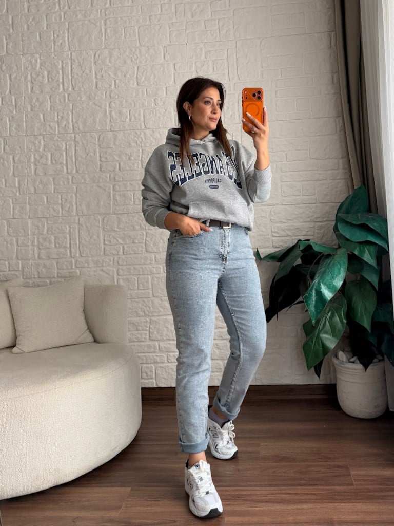 Orijinal Marka Gri Melenaj Simli Kapüşonlu Sweatshirt