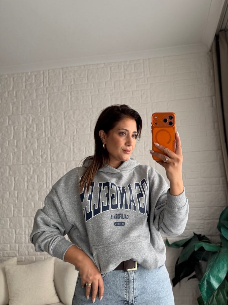 Orijinal Marka Gri Melenaj Simli Kapüşonlu Sweatshirt