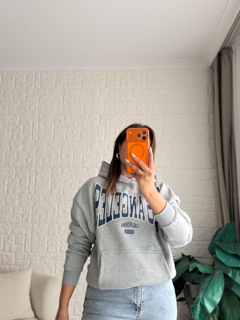 Orijinal Marka Gri Melenaj Simli Kapüşonlu Sweatshirt