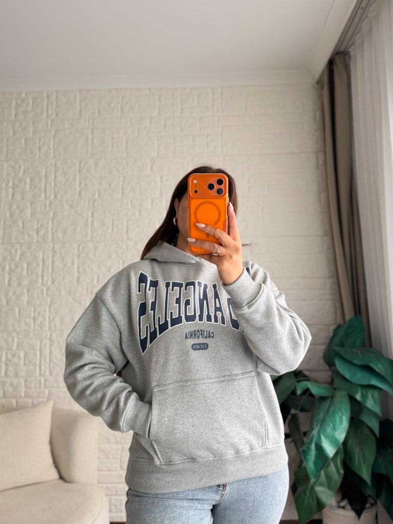 Orijinal Marka Gri Melenaj Simli Kapüşonlu Sweatshirt