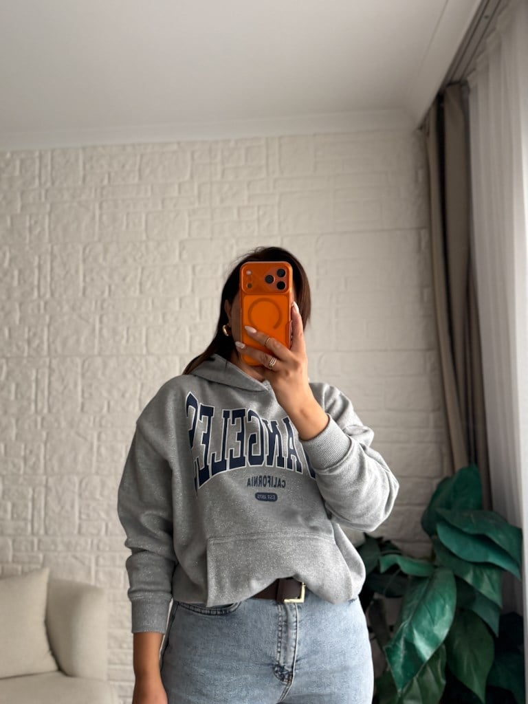 Orijinal Marka Gri Melenaj Simli Kapüşonlu Sweatshirt